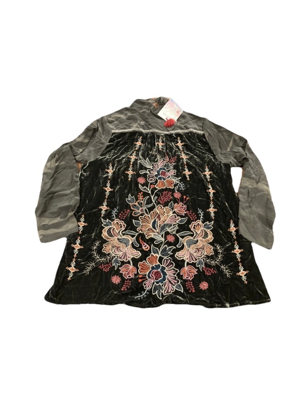 Johnny Was Terre Velvet Green Camo Embroidered Back Silk Shirt